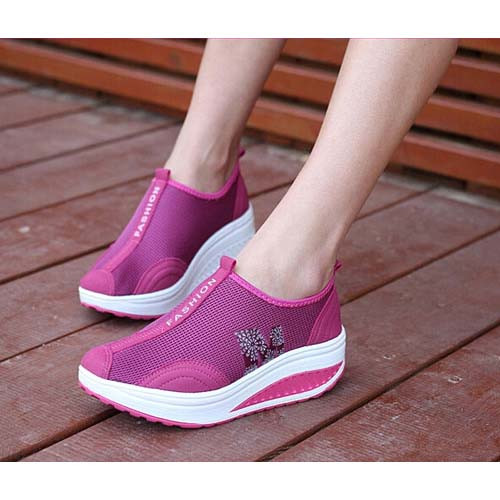 Rose red flower pattern slip on rocker bottom shoe sneaker 06